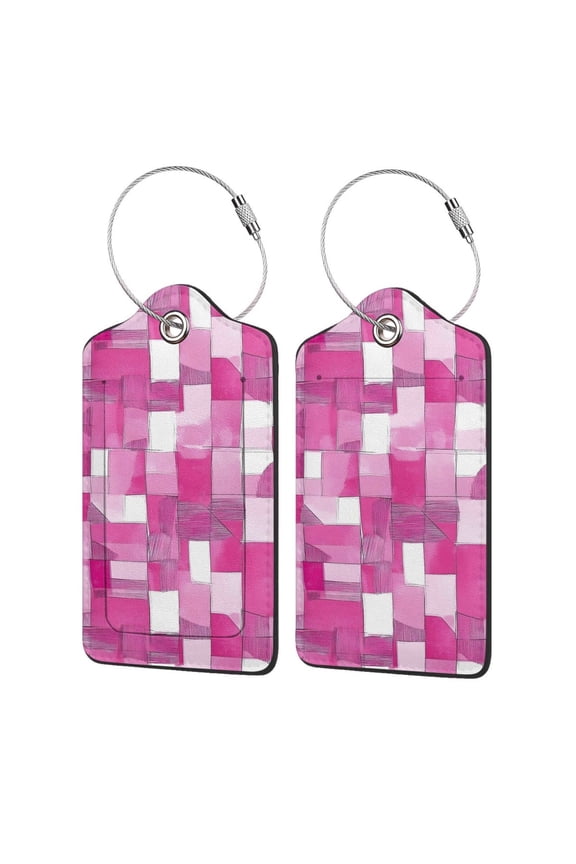 Leather Luggage Tag 4.6×2.9in Stainless Steel Ring Bendable Waterproof Not Afraid Of Scratch Feel Soft And Comfortable Pink Abstract Houndstooth Hand-Drawn Sketch_2 1