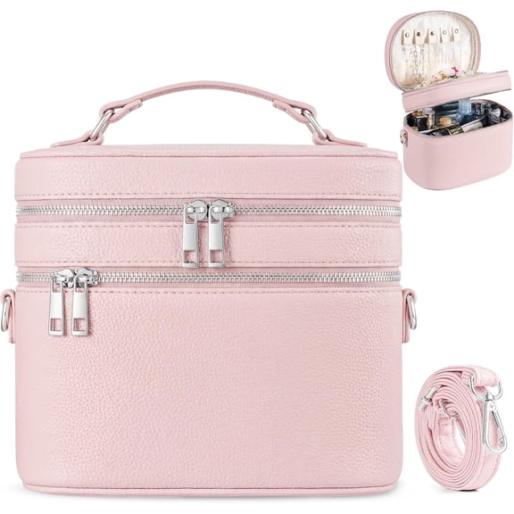Leather Makeup Bag Organizer Double Layer Vanity Bag Large Capacity with Compartments and Handle Travel Portable Storage Crossbody Case for Women.