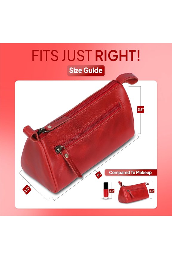 Leather Makeup Bag for Women  Genuine Leather Cosmetic Bag Travel, Handmade Zippered Makeup Pouch, Small Toiletry Bag, Shaving Kit & Stationery Organizer- Red