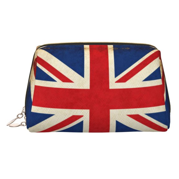Leather Makeup Brush Bag With Zipper Retro British Flag Portable Travel Cosmetic Organizer Case For Daily Work Essentials Gold