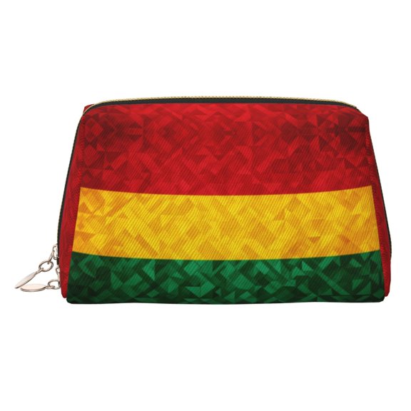 Leather Makeup Brush Bag With Zipper Retro Reggae-Rastafarian Flag Portable Travel Cosmetic Organizer Case For Daily Work Essentials Gold