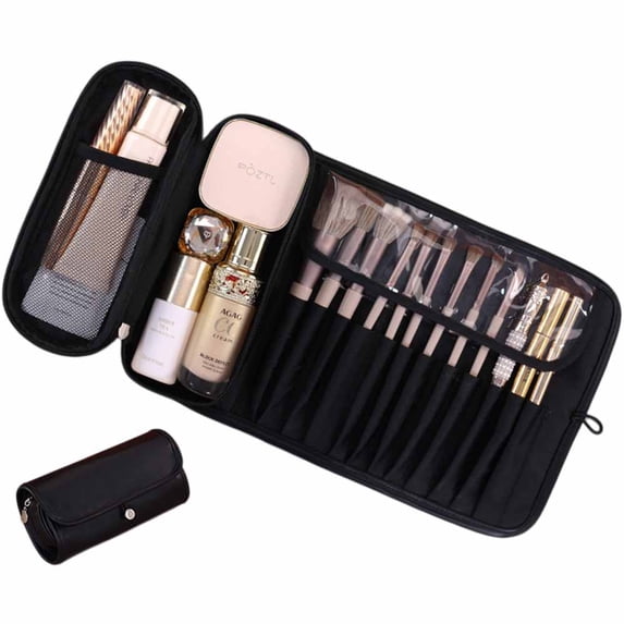 Leather Makeup Brush Case, Professional Makeup Organizer Roll Bag for Travel, Black