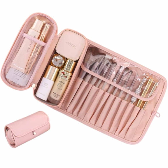 Youersen Leather Makeup Brush Case, Professional Makeup Organizer Roll Bag for Travel, Pink