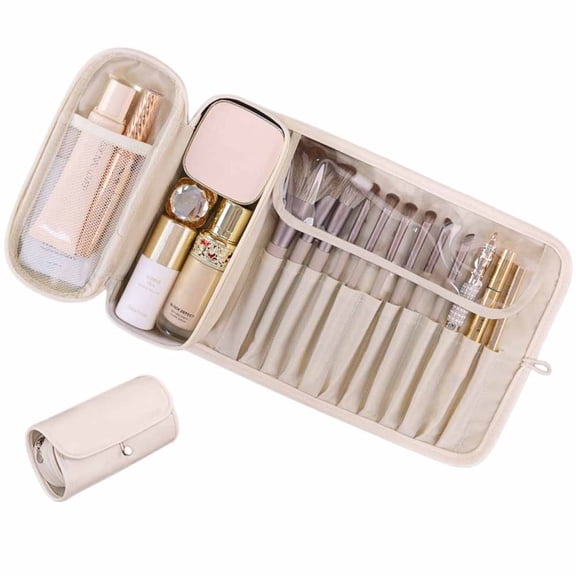 Youersen Leather Makeup Brush Case, Professional Makeup Organizer Roll Bag for Travel, White