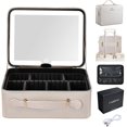 thumbnail image 1 of Leather Makeup Case with LED Lighted Mirror 11.4 Inch Travel Makeup Bag Adjustable Brightness in 3 Colors Cosmetic Organizer Artist Storage Bag with Dividers Brush Holder Bag Vanity Pale Gold, 1 of 15