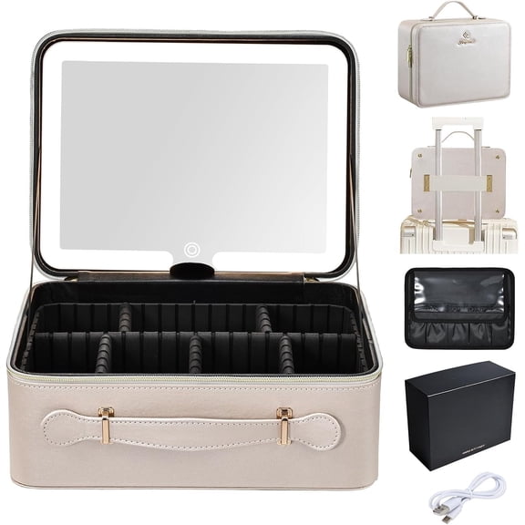 Leather Makeup Case with LED Lighted Mirror 11.4 Inch Travel Makeup Bag Adjustable Brightness in 3 Colors  Organizer Artist Storage Bag with Dividers Brush Holder Bag Vanity Pale