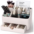thumbnail image 1 of Leather Makeup Organizer with Drawer, Cosmetic Storage for Dresser Countertop and Bathroom Vanity, Beauty Holder for Lipstick Brush Skincare (Beige), 1 of 18