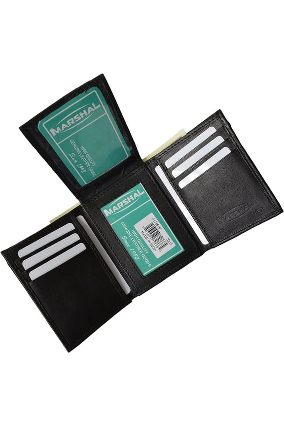 Leather Men Tri Fold Wallet FIXED Flip Up Window ID Black By Marshal