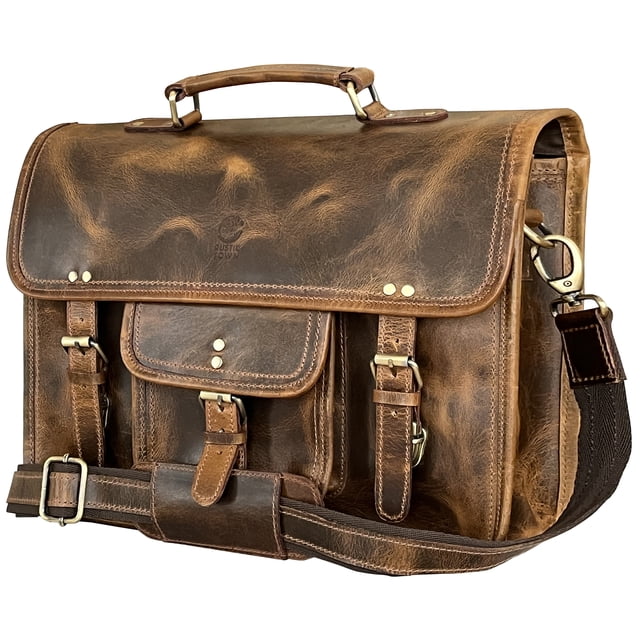 HULSH Vintage Leather Messenger Bag - 18" Brown Leather Laptop Bag For Men & Women, Crossbody Briefcase Satchel