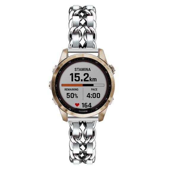 Leather Metal Band Compatible With Garmin Fenix 7S Sapphire Solar / Fenix 7S Solar Band, Stainless Steel Metal Cowboy Chain Style Replacement for Band Garmin Fenix 7S Sapphire Solar / Fenix 7S Solar