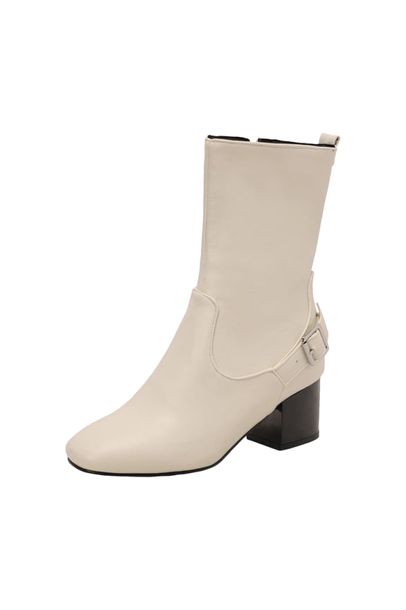 Leather Mid Calf Boots for Women Fashion Chunky Heel Square Toe Ankle Fall Booties Lightweight Slip On Riding Boots White Size 8.5