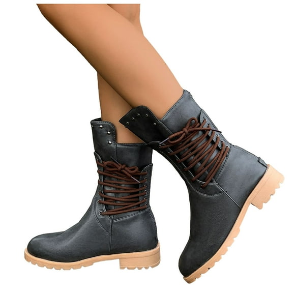 Leather Mid Calf Combat Boots for Women Block Low Heel Fleece Lined Fashion Motorcycle Riding Booties