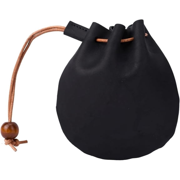Leather Mini Keychain Pouch Coin Purse Drawstring Pouch for Men & Women Black 11.8x11.6x1.6cm
