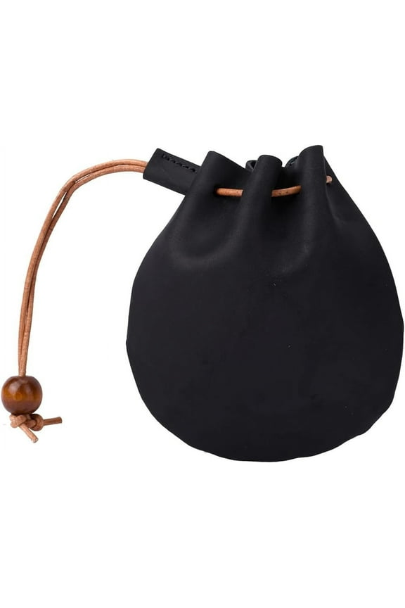 Leather Mini Keychain Pouch Coin Purse Drawstring Pouch for Men & Women Black 11.8x11.6x1.6cm