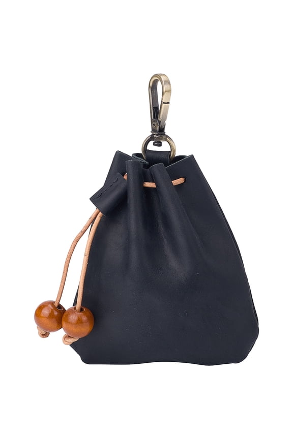 Leather Mini Pouch Keychain Coin Purse Drawstring Pouch for Men & Women Black 12.5x10.6x2.1cm