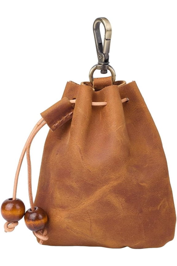 Leather Mini Pouch Keychain Coin Purse Drawstring Pouch for Men & Women Saddle Brown 12.5x10.6x2.1cm