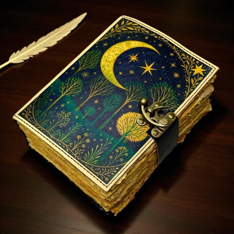 Leather Moon Tree Witchcraft Journal – Handmade 5x7 Inch Grimoire, 200 Deckle Pages, Wiccan Pagan Spellbook, Witchy Notebook