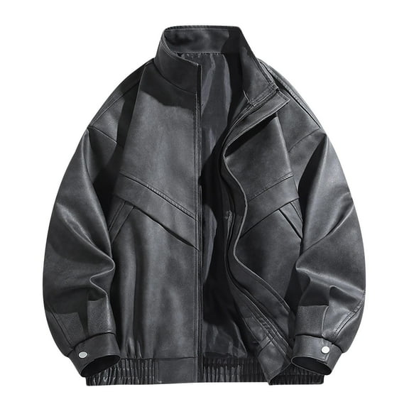 Leather Motorcycle Jackets for Men with Pocket Zip Up Mock Neck Coats Mens Trendy Solid Color Long Sleeve Thermal Warm Vintage Windbreaker Jacket