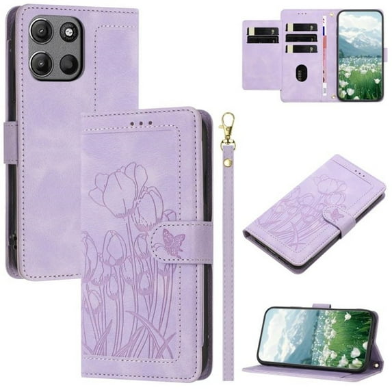 Leather For Motorola Moto G 5G 2025 Case Tulip Embossed 5-card Flip Wallet Leather Case with Card Holder Magnetic Closure ,Detachable Wrist Strap,Shockproof Phone Cases Cover,Purple