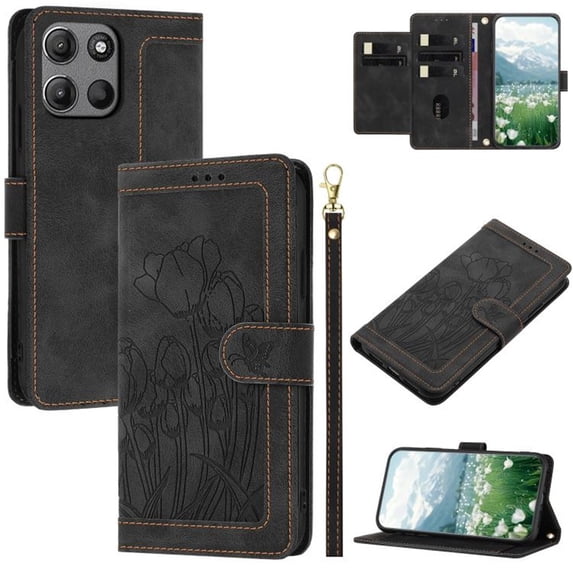 Leather For Motorola Moto G Play 2026 Case Orchids&Butterflies Embossed 5-card Flip Wallet Leather Case With Card Holder Magnetic Closure Phone Cases Cover With Hand Strap,Black,For Moto G Play 2026