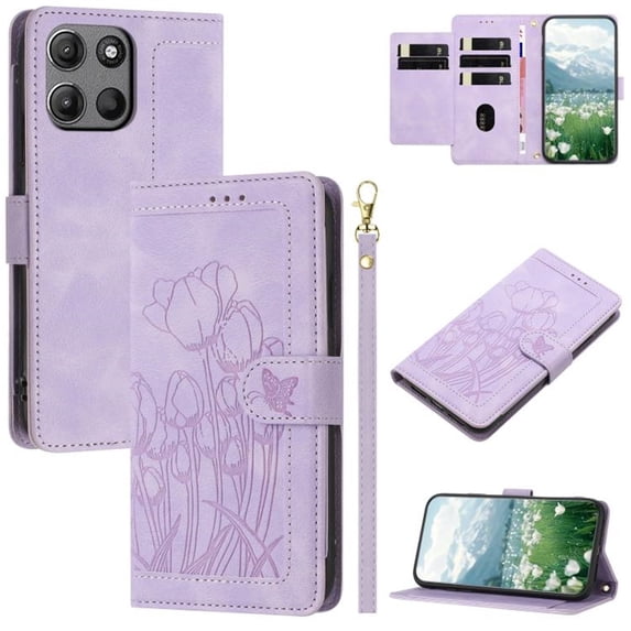 Leather For Motorola Moto G Power 2025 / 2026 Case Orchids&Butterflies Embossed 5-card Flip Wallet Leather Case With Card Holder Magnetic Closure Phone Cases Cover With Hand Strap,Purple