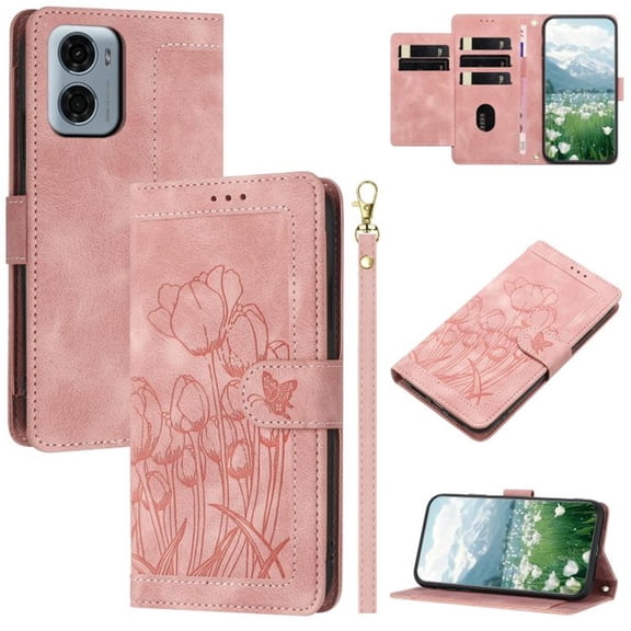 Leather For Motorola Moto G05 Case Tulip Embossed 5-card Flip Wallet Leather Case with Card Holder Magnetic Closure ,Detachable Wrist Strap,Shockproof Phone Cases Cover,Pink,For Moto G05