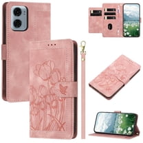 Leather For Motorola Moto G05 Case Tulip Embossed 5-card Flip Wallet Leather Case with Card Holder Magnetic Closure ,Detachable Wrist Strap,Shockproof Phone Cases Cover,Pink,For Moto G05