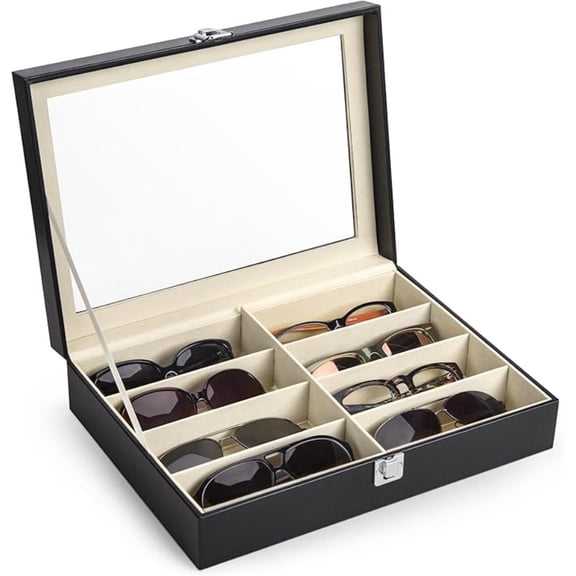 Leather Multi Sunglasses Organizer for Women Men, Eyeglasses Eyewear Display Case with 8 Slots, Jewelry Watch Organizer, Sunglasses Jewelry Collection Case, Sunglass Glasses Storage Holder Box, Black