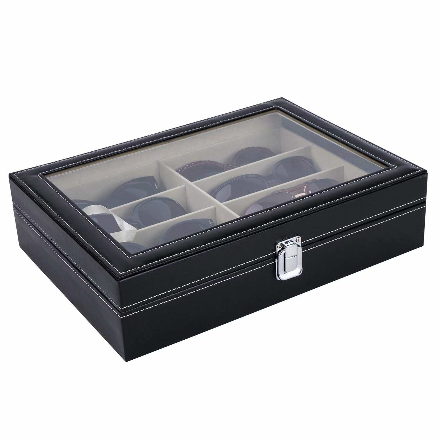 Leather Multi Sunglasses Organizer for Women Men Eyeglasses Eyewear Display Case Sunglass Glasses Storage Holder Box Sunglasses Collection Case with 8 Slots Black