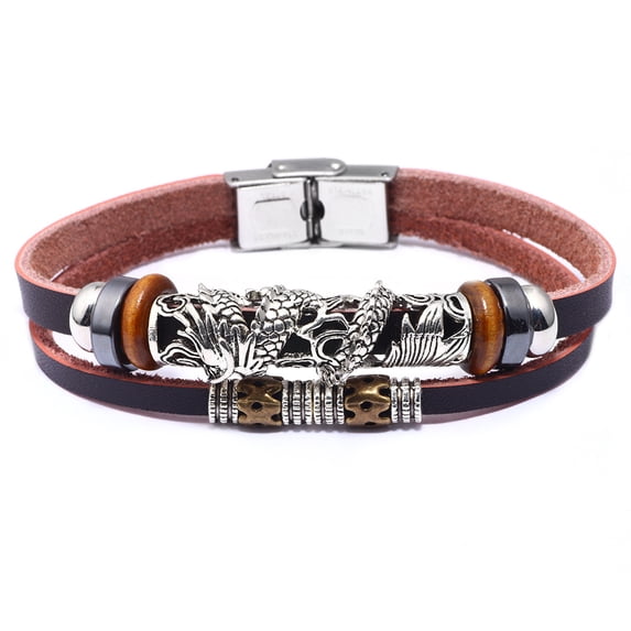 Leather Multi-strand Bracelets with Hematite Alloy Findings and Stainless Steel Clasps Dragon Mixed Color 8-1/2 inch(21.5cm) 10mm Diy