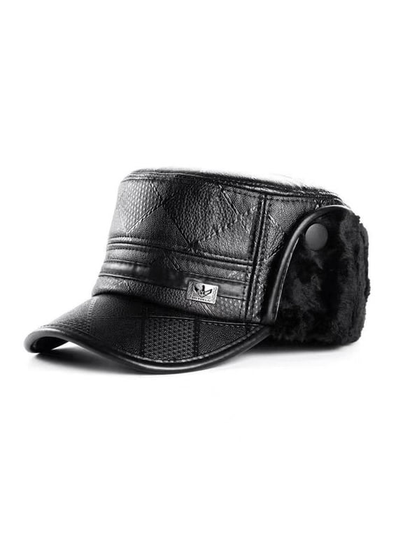 Leather Newsboy for Men, Leather Head , Ear Protection Hats, Plush Earmuffs Hat for Middle-Aged Elderly Men