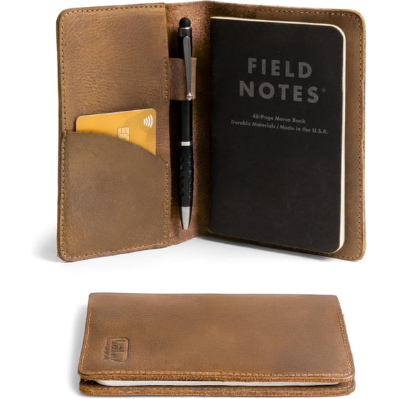 Leather Notebook Cover 3.5 x 5.5 in. with Card and Pen Holder, Handmade Protective Storage for Pocket Journal Cover, Book & Notebooks, Notepad Wallet for Travelers