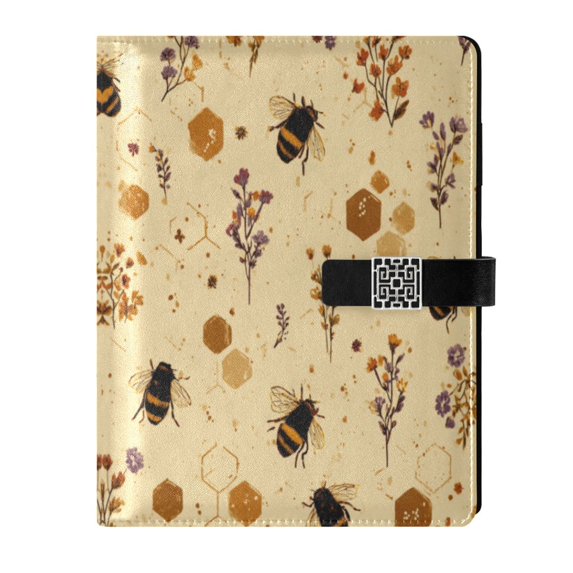 Leather Notebook with Pen Holder Writing Notepad Includes 100 Pages Lined Journal Bees and Flowers Pattern
