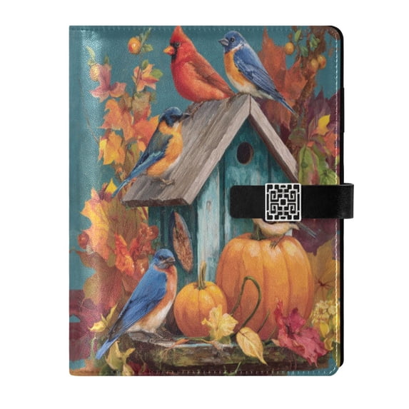 Leather Notebook with Pen Holder Writing Notepad Includes 100 Pages Lined Journal Birdhouse and Colorful Birds