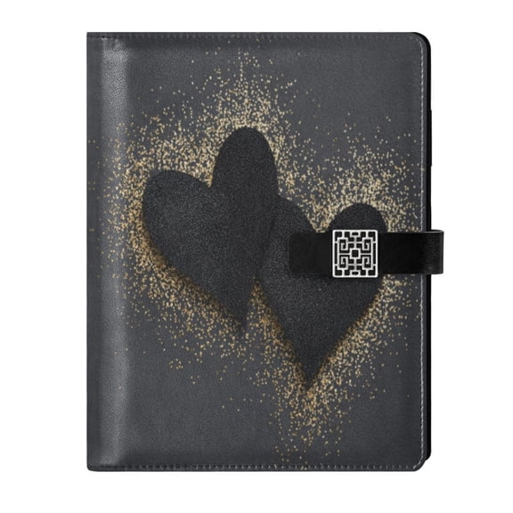 Leather Notebook with Pen Holder Writing Notepad Includes 100 Pages Lined Journal Black Hearts with Gold Glitter