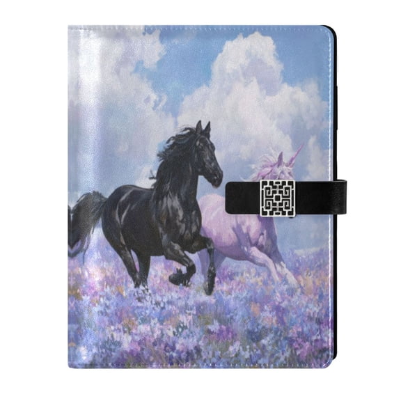 Leather Notebook with Pen Holder Writing Notepad Includes 100 Pages Lined Journal Black Horse and Pink Unicorn