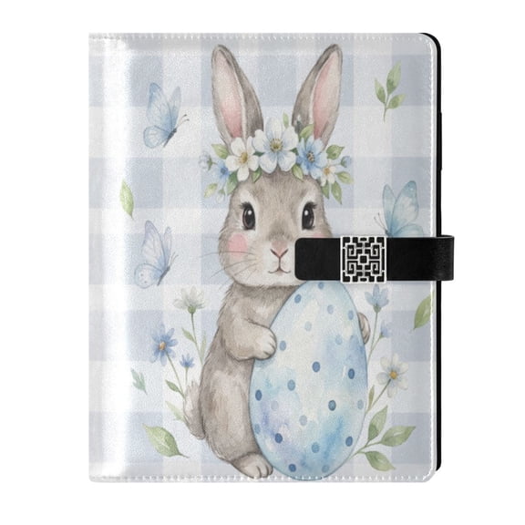 Leather Notebook with Pen Holder Writing Notepad Includes 100 Pages Lined Journal Bunny Holding Blue Easter Egg