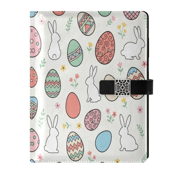 Leather Notebook with Pen Holder Writing Notepad Includes 100 Pages Lined Journal Colorful Easter Eggs and Bunnies