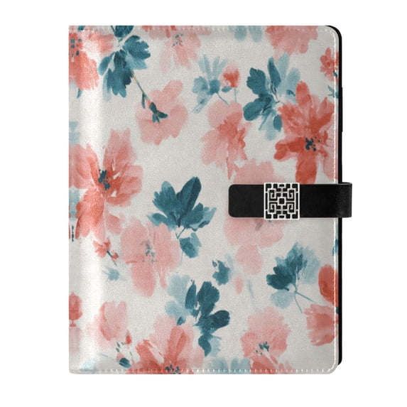 Leather Notebook with Pen Holder Writing Notepad Includes 100 Pages Lined Journal Coral and Teal Floral Pattern