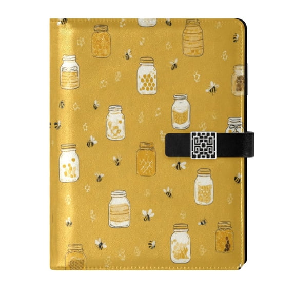 Leather Notebook with Pen Holder Writing Notepad Includes 100 Pages Lined Journal Honey Jars and Bees Pattern