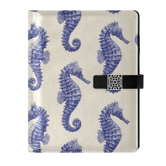 Leather Notebook with Pen Holder Writing Notepad Includes 100 Pages Lined Journal Indigo Blue Seahorses Pattern