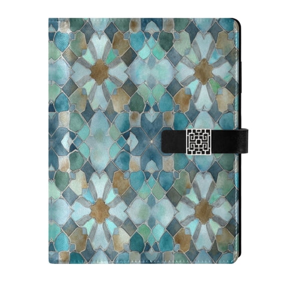 Leather Notebook with Pen Holder Writing Notepad Includes 100 Pages Lined Journal Intricate Blue Block Pattern