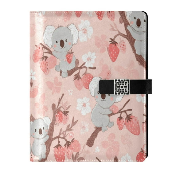 Leather Notebook with Pen Holder Writing Notepad Includes 100 Pages Lined Journal Koala and Strawberry Pattern
