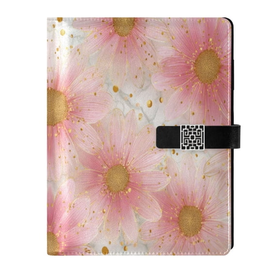 Leather Notebook with Pen Holder Writing Notepad Includes 100 Pages Lined Journal Light Pink Daisies
