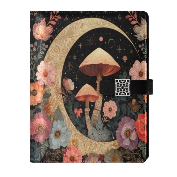 Leather Notebook with Pen Holder Writing Notepad Includes 100 Pages Lined Journal Mushroom and Crescent Moon
