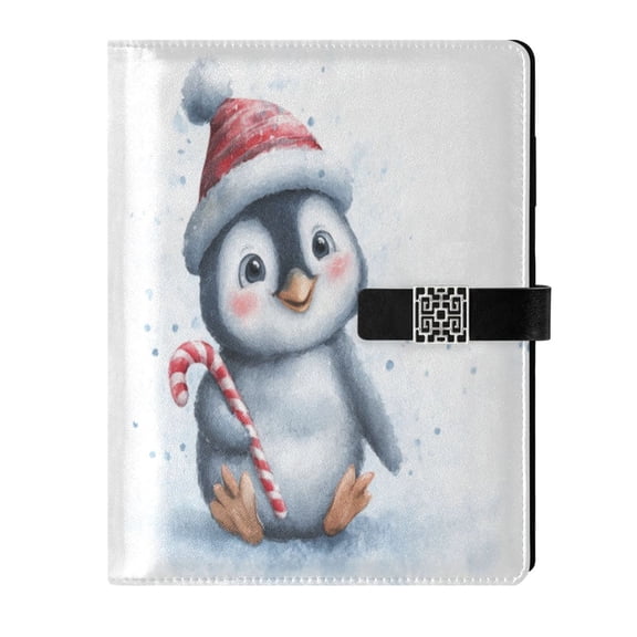 Leather Notebook with Pen Holder Writing Notepad Includes 100 Pages Lined Journal Penguin Holding Candy Cane