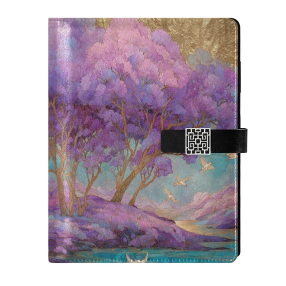 Leather Notebook with Pen Holder Writing Notepad Includes 100 Pages Lined Journal Purple Trees