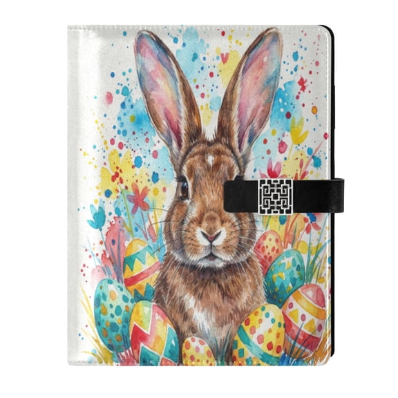 Leather Notebook with Pen Holder Writing Notepad Includes 100 Pages Lined Journal Rabbit with Colorful Easter Eggs