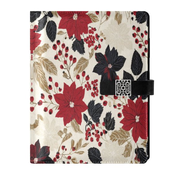 Leather Notebook with Pen Holder Writing Notepad Includes 100 Pages Lined Journal Red and Blacks Holly Leaves