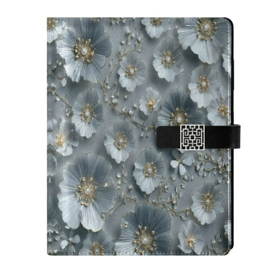 Leather Notebook with Pen Holder Writing Notepad Includes 100 Pages Lined Journal Silver Flowers Pattern